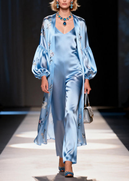 New Light Blue Cardigans And Jumpsuits Silk Two Piece Set Summer