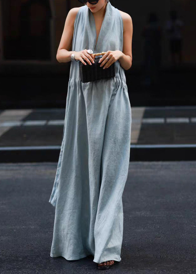 New Light Blue Pockets Tie Waist Solid Linen Robe Dresses Sleeveless