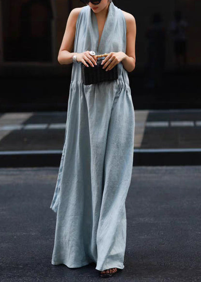 New Light Blue Pockets Tie Waist Solid Linen Robe Dresses Sleeveless