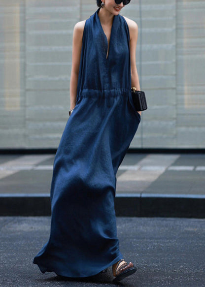 New Light Blue Pockets Tie Waist Solid Linen Robe Dresses Sleeveless
