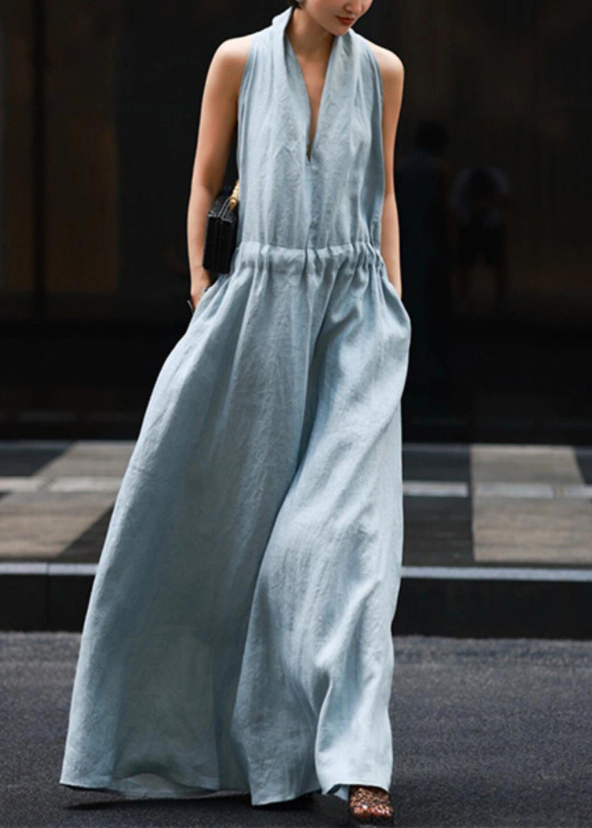 New Light Blue Pockets Tie Waist Solid Linen Robe Dresses Sleeveless