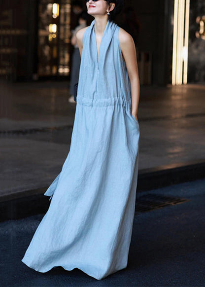 New Light Blue Pockets Tie Waist Solid Linen Robe Dresses Sleeveless