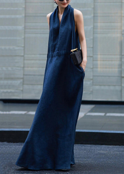 New Light Blue Pockets Tie Waist Solid Linen Robe Dresses Sleeveless