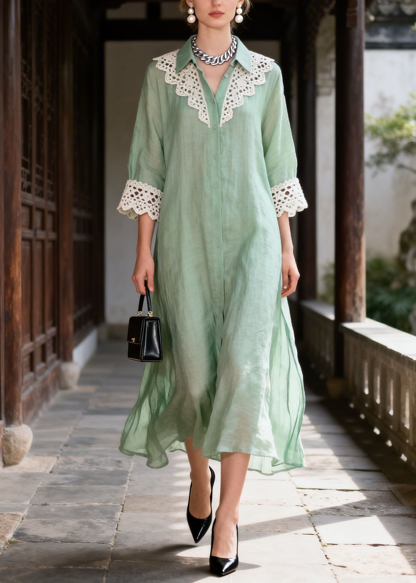 New Light Green Peter Pan Collar Lace Patchwork Cotton Dress Summer