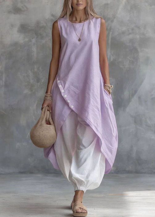 New Light Purple O Neck Asymmetrical Design Pockets Cotton Dress Sleeveless