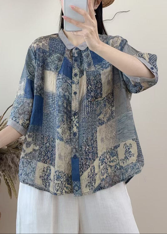 New Loose Blue Peter Pan Collar Print Linen Shirt Summer