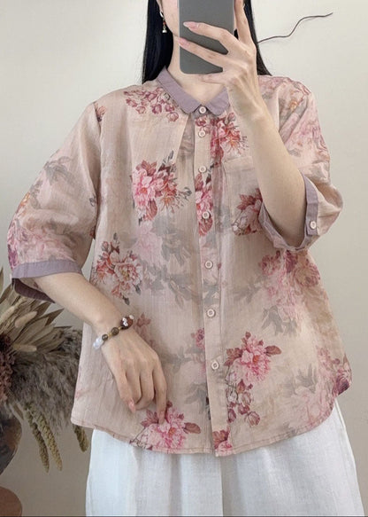 New Loose Blue Peter Pan Collar Print Linen Shirt Summer
