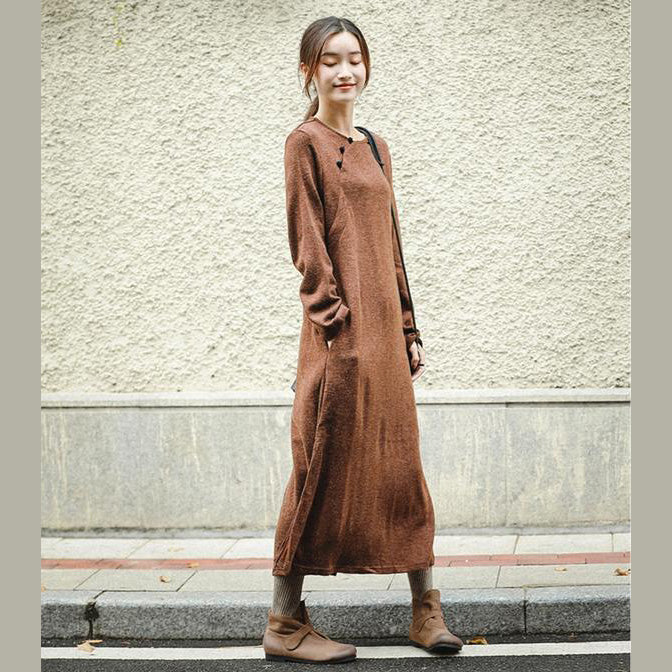 New Loose Brown Knitted Maxi Dresses Women Casual Clothes