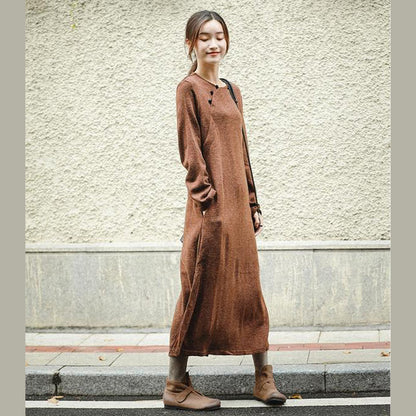 New Loose Brown Knitted Maxi Dresses Women Casual Clothes