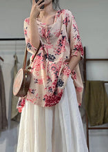 Load image into Gallery viewer, New Loose Pink Print Lace Up Linen Shirts Top Summer