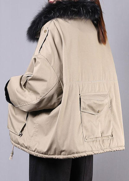New Loose fitting snow jackets pockets winter coats khaki faux fur collar casual outfit - SooLinen