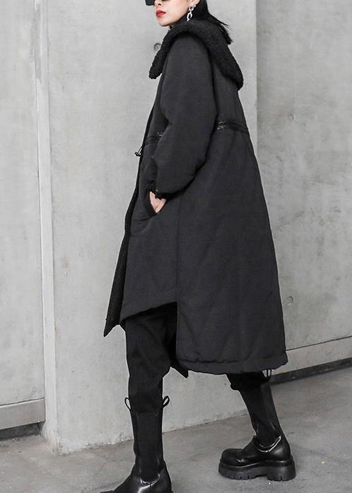 New Loose fitting winter jacket overcoat black patchwork plaid Sailor Collar coat - SooLinen