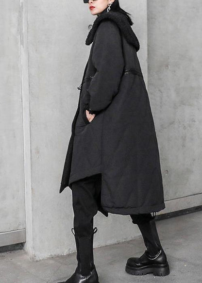 New Loose fitting winter jacket overcoat black patchwork plaid Sailor Collar coat - SooLinen