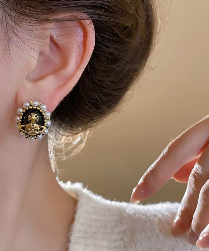 New Luxury Black Metal Pearl Stud Earrings
