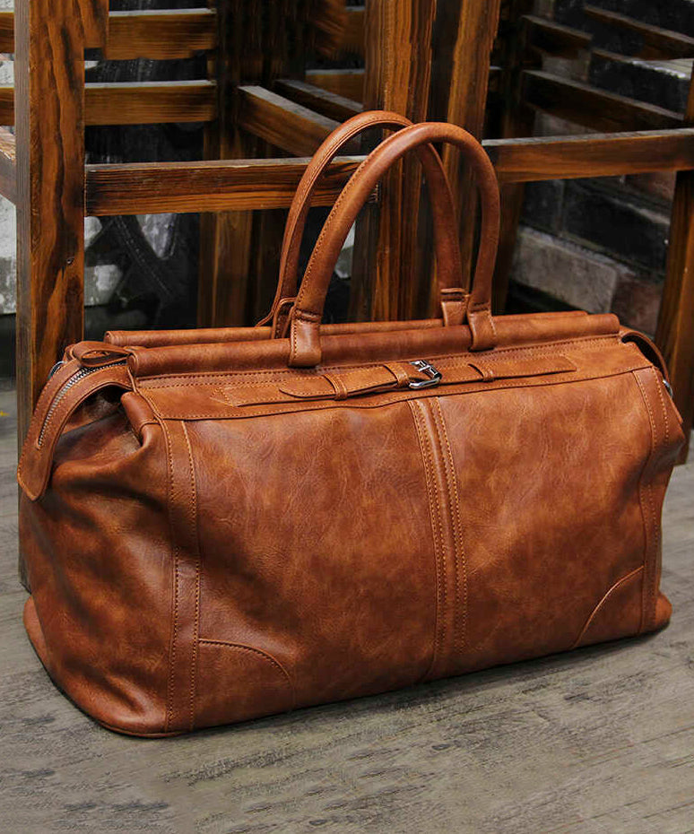 New Men's Brown Large Capacity Faux Leather Duffel Bag