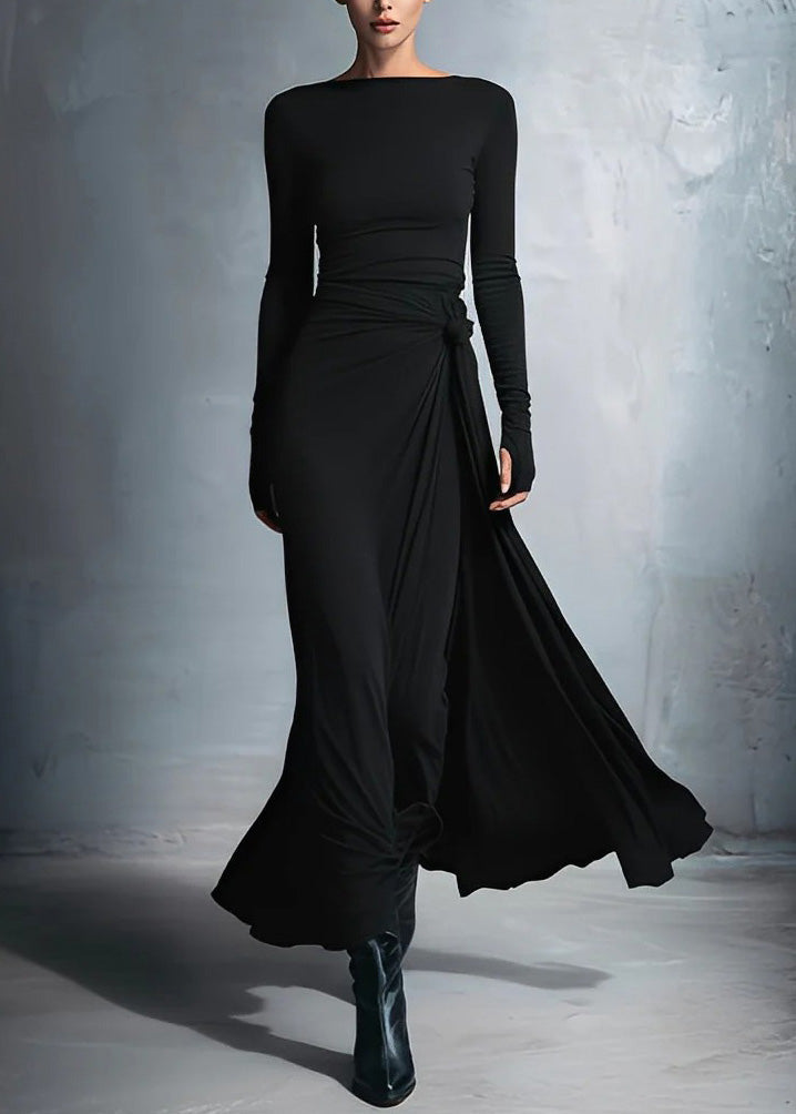 New Minimalist Grey Slash Neck Slim Fit Long Dress Spring