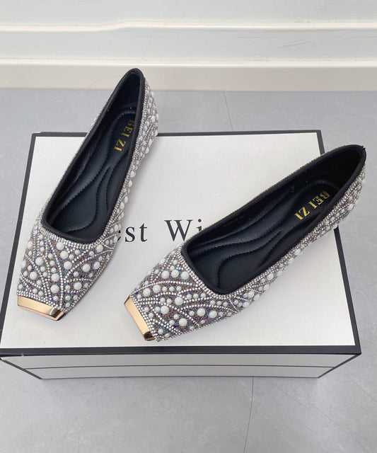 New Nail Bead Zircon Splicing Penny Loafers Black Faux Leather