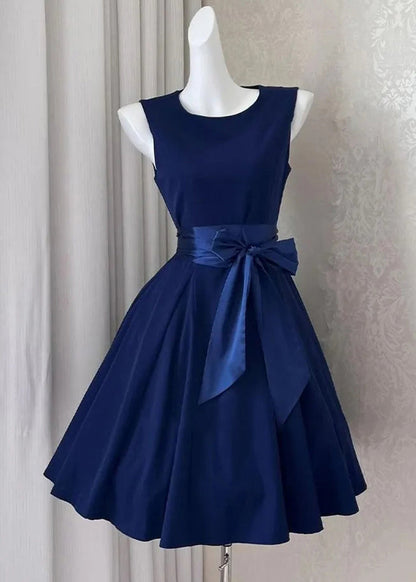 New Navy Bow Solid Cotton Mid Dress Sleeveless