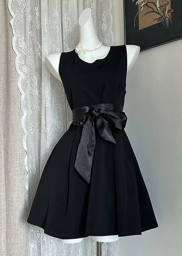 New Navy Bow Solid Cotton Mid Dress Sleeveless