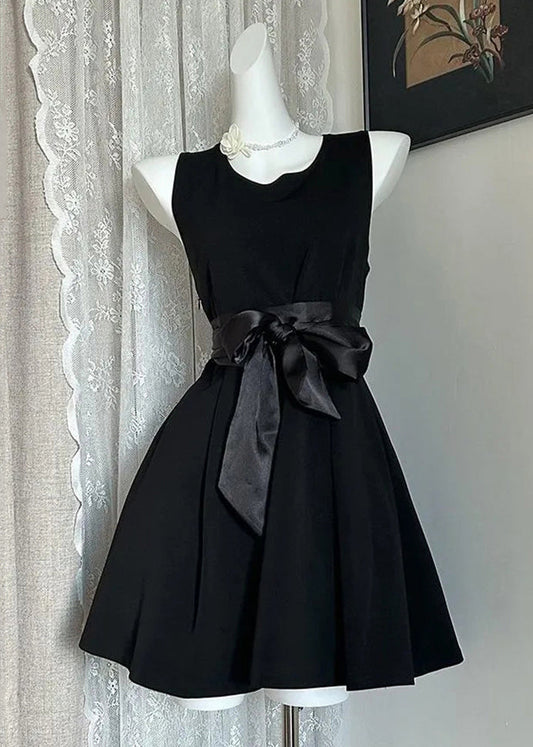 New Navy Bow Solid Cotton Mid Dress Sleeveless