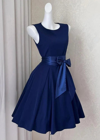 New Navy Bow Solid Cotton Mid Dress Sleeveless