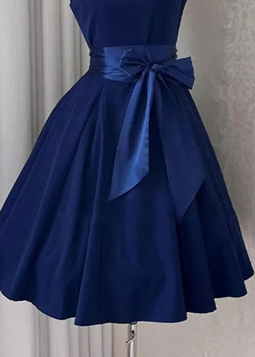 New Navy Bow Solid Cotton Mid Dress Sleeveless