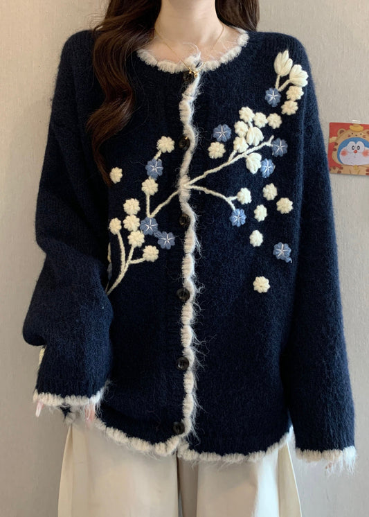 New Navy Embroidered Button Knit Cardigan Spring