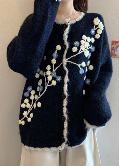 New Navy Embroidered Button Knit Cardigan Spring