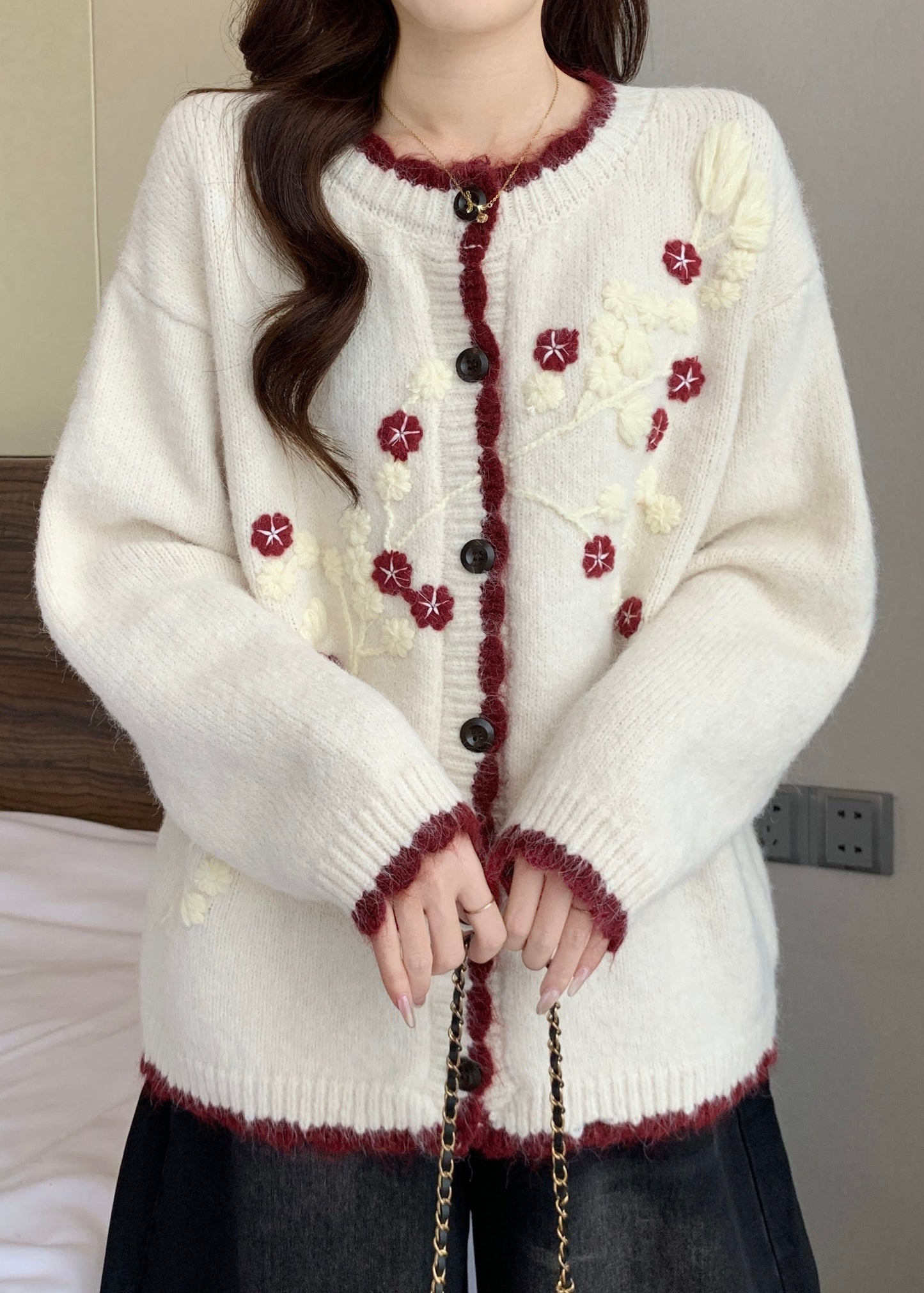 New Navy Embroidered Button Knit Cardigan Spring