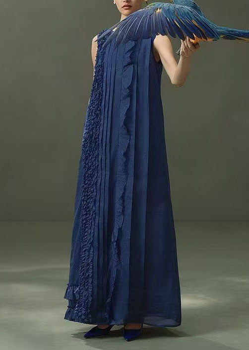 New Navy O Neck Ruffled Patchwork Linen Ankle Dress Sleeveless
