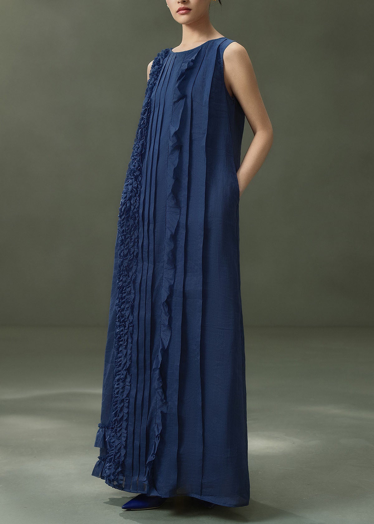 New Navy O Neck Ruffled Patchwork Linen Ankle Dress Sleeveless