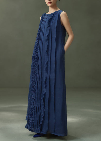New Navy O Neck Ruffled Patchwork Linen Ankle Dress Sleeveless