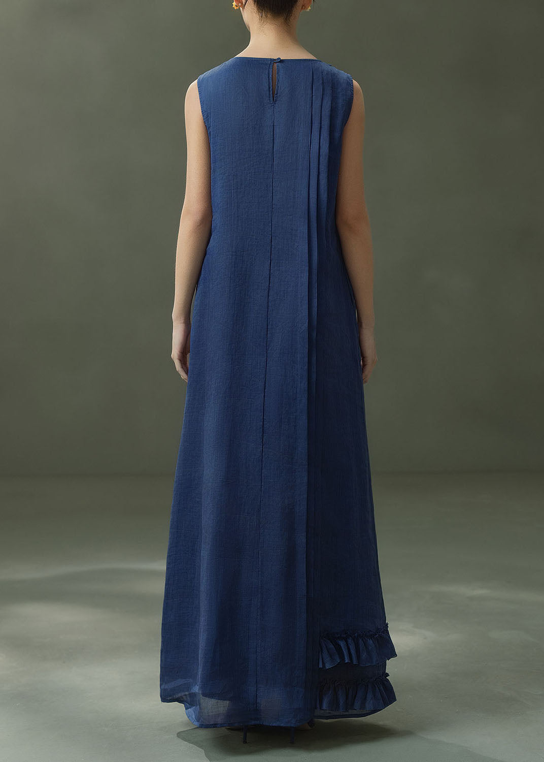 New Navy O Neck Ruffled Patchwork Linen Ankle Dress Sleeveless