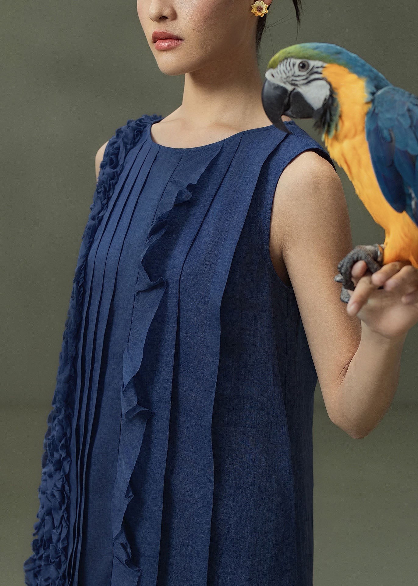 New Navy O Neck Ruffled Patchwork Linen Ankle Dress Sleeveless