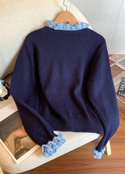 New Navy Original Design Patchwork Knit Coats Petal Sleeve