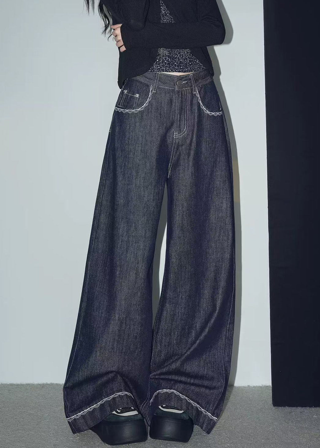 New Navy Original Design Pockets Denim Wide Leg Pants Spring