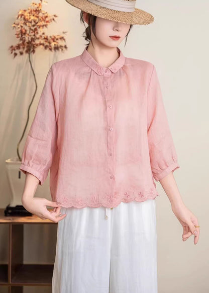 New Navy Peter Pan Collar Embroidered Linen Shirt Tops Summer