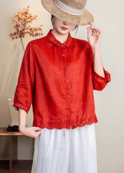 New Navy Peter Pan Collar Embroidered Linen Shirt Tops Summer