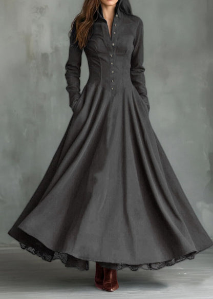 New Navy Peter Pan Collar Lace Patchwork Faux Suede Long Dress Fall