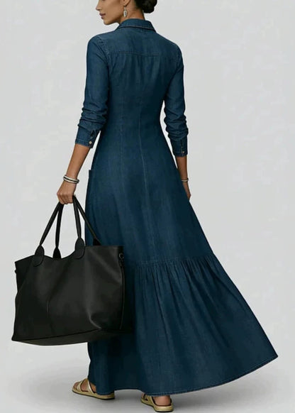 New Navy Peter Pan Collar Pockets Patchwork Denim Dresses Long Sleeve
