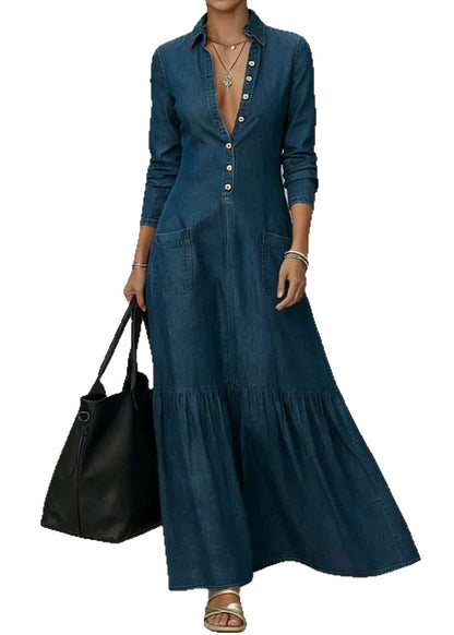 New Navy Peter Pan Collar Pockets Patchwork Denim Dresses Long Sleeve