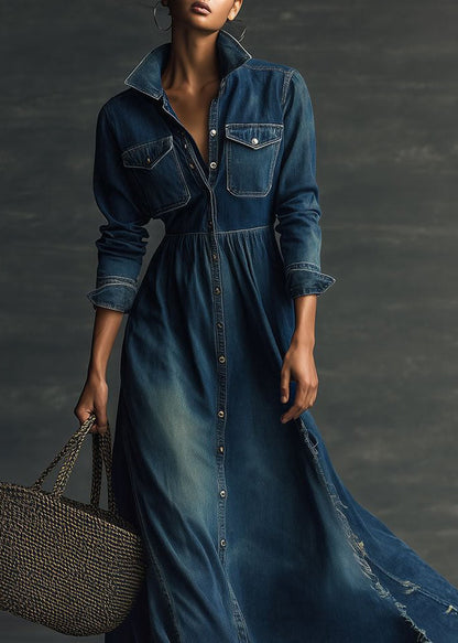 New Navy Peter Pan Collar Pockets Patchwork Denim Long Dress Fall