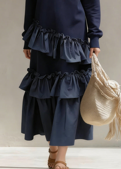New Navy Print Ruffled Patchwork Cotton Sweatshirt Dress Spring
