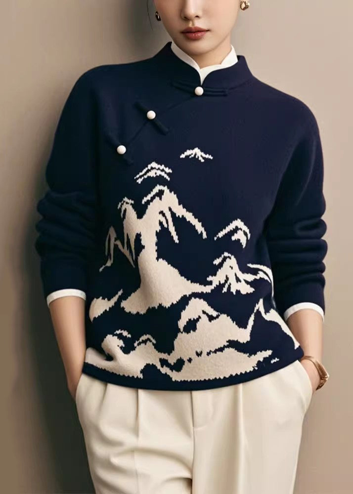 New Navy Stand Collar Landscape Knit Sweater Winter
