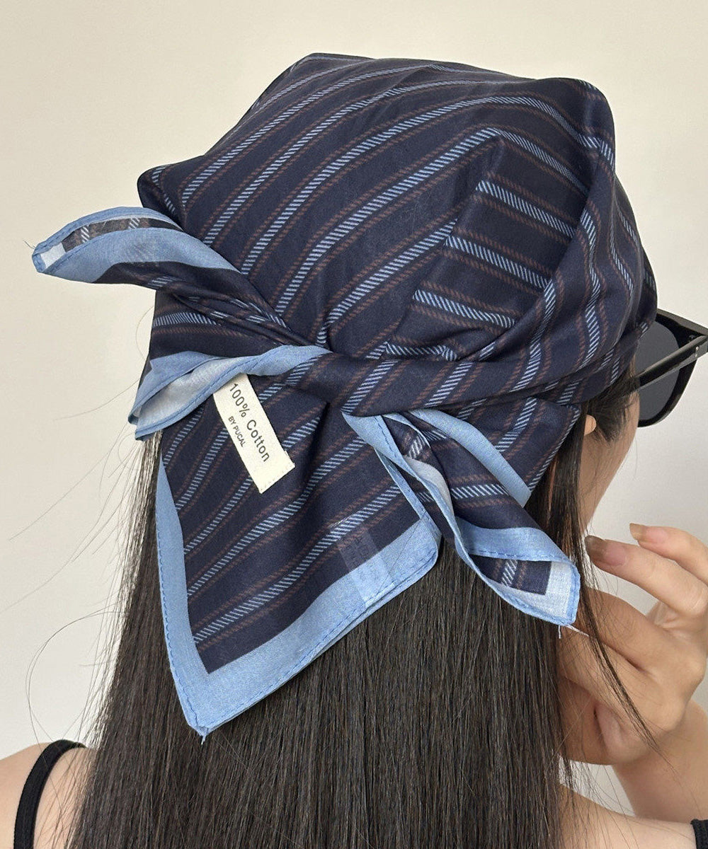 New Navy Striped Cotton Square Scarf Hat