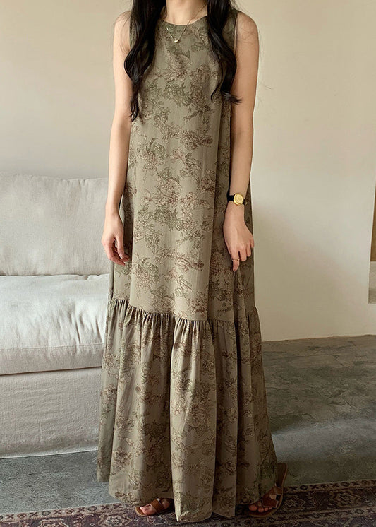 New O Neck Print High Waist Cotton Pajamas Maxi Dresses Sleeveless
