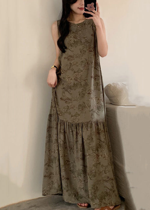 New O Neck Print High Waist Cotton Pajamas Maxi Dresses Sleeveless