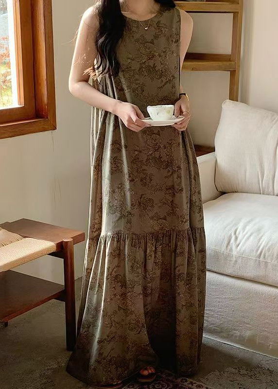 New O Neck Print High Waist Cotton Pajamas Maxi Dresses Sleeveless