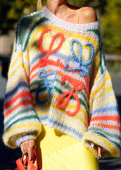 New O-Neck Rainbow Striped Knit Sweater Spring