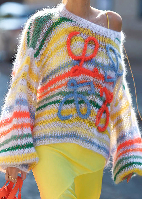 New O-Neck Rainbow Striped Knit Sweater Spring
